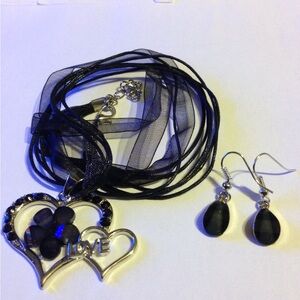 New 3 Piece Black Heart Cord and Chiffon Necklace With Matching Earrings
